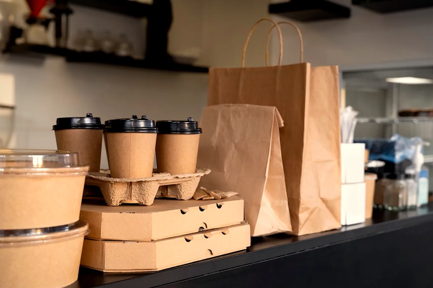 Takeaway coffee, pizza boxes and bags ready at the Stone Milled counter